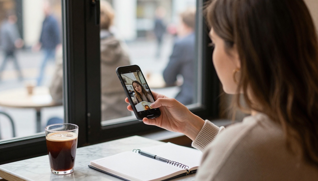 Over-the-shoulder view of a marketer watching a vertical video on a phone in a cafe