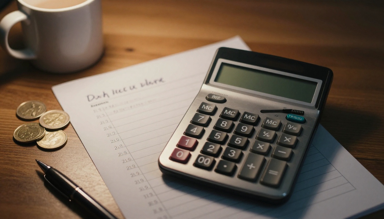 Desk calculator with a handwritten budget list, a pen and a few coins