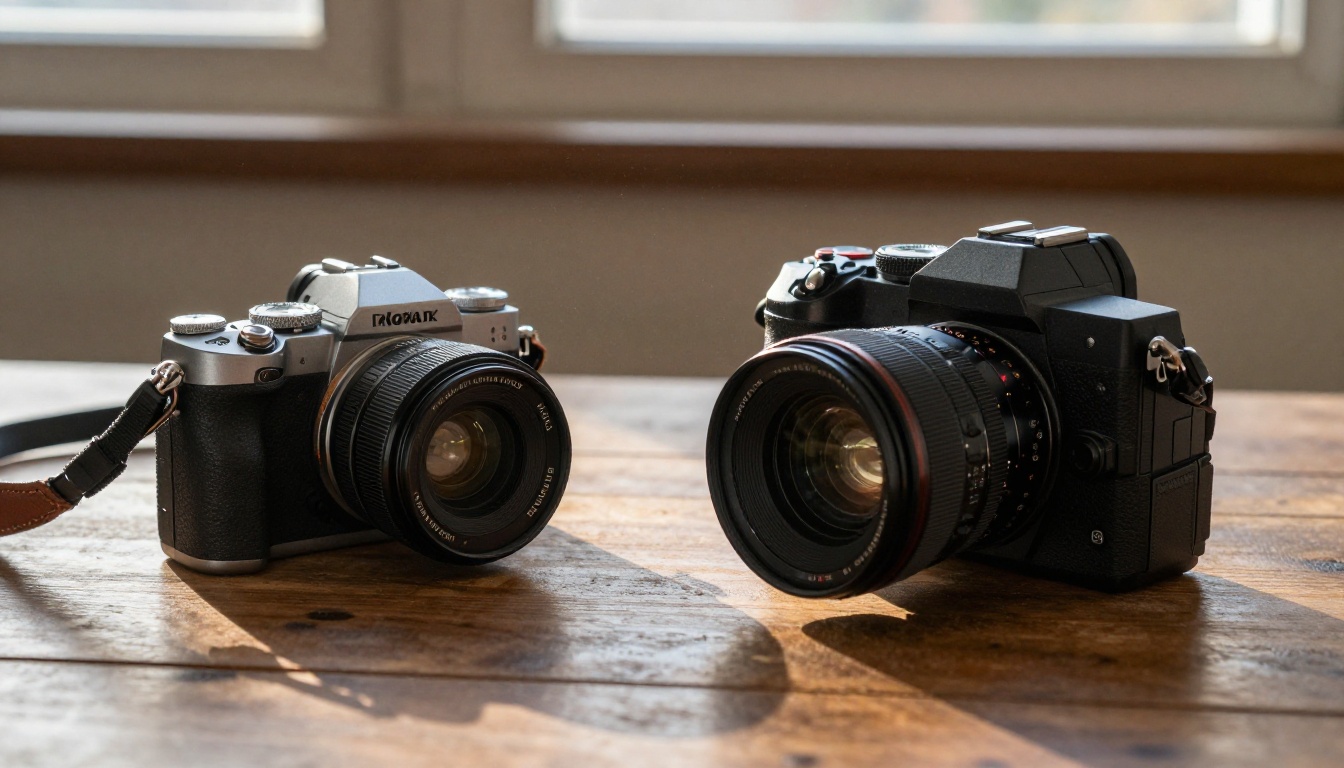 Compact mirrorless camera beside a larger cinema camera rig on a wooden table