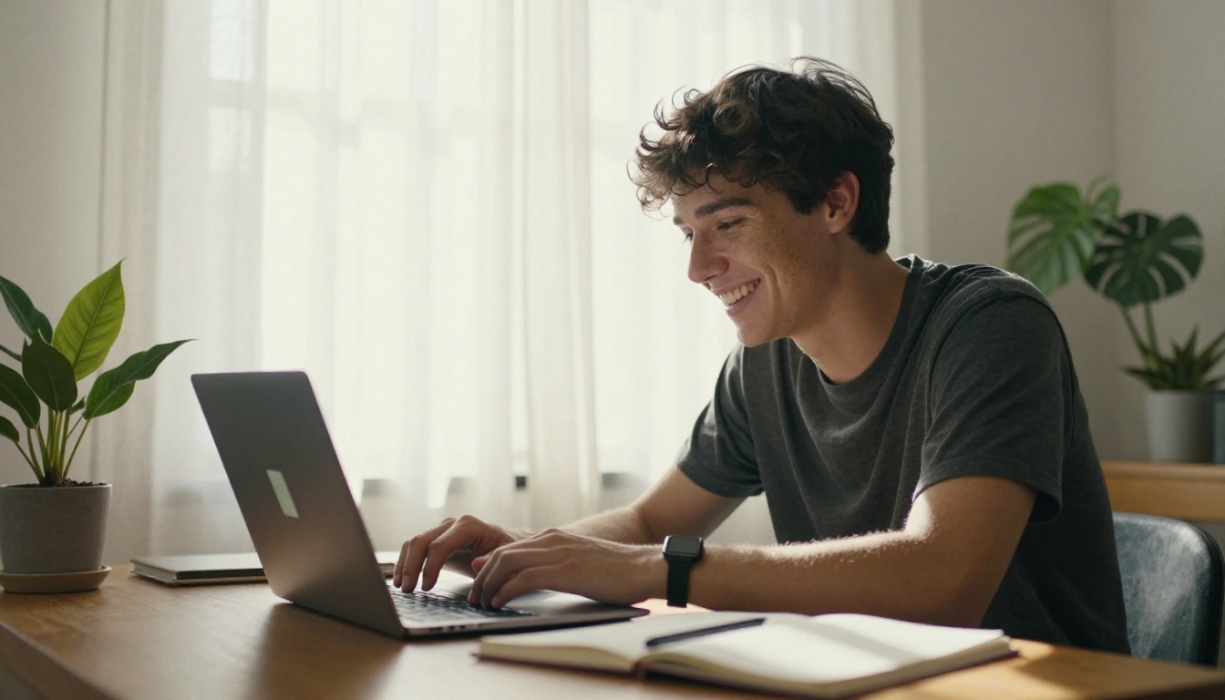 A creator laughing softly at a finished clip on a laptop in a sunlit apartment