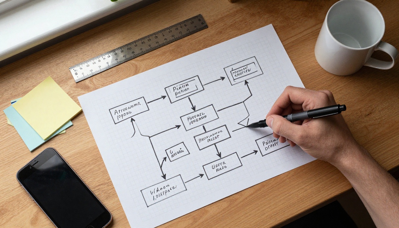 Hand-drawn flowchart on grid paper planning an automated faceless video workflow