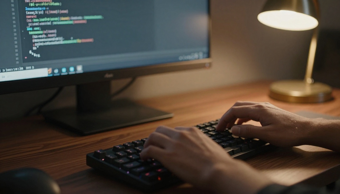 Close-up of hands typing at a desk while building the first nodes of an automation