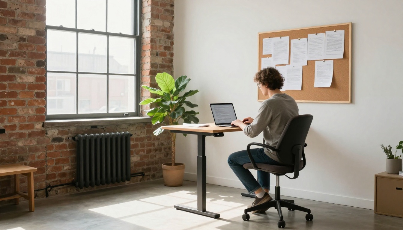 Writer at a standing desk in a bright loft drafting a video script on a laptop