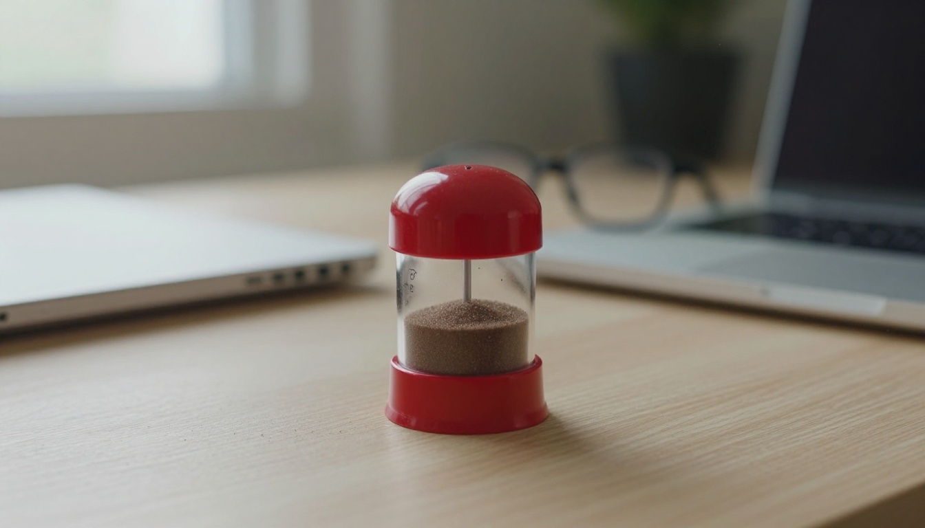 Red sand timer on a pale wood desk, a visual for waiting while a render finishes