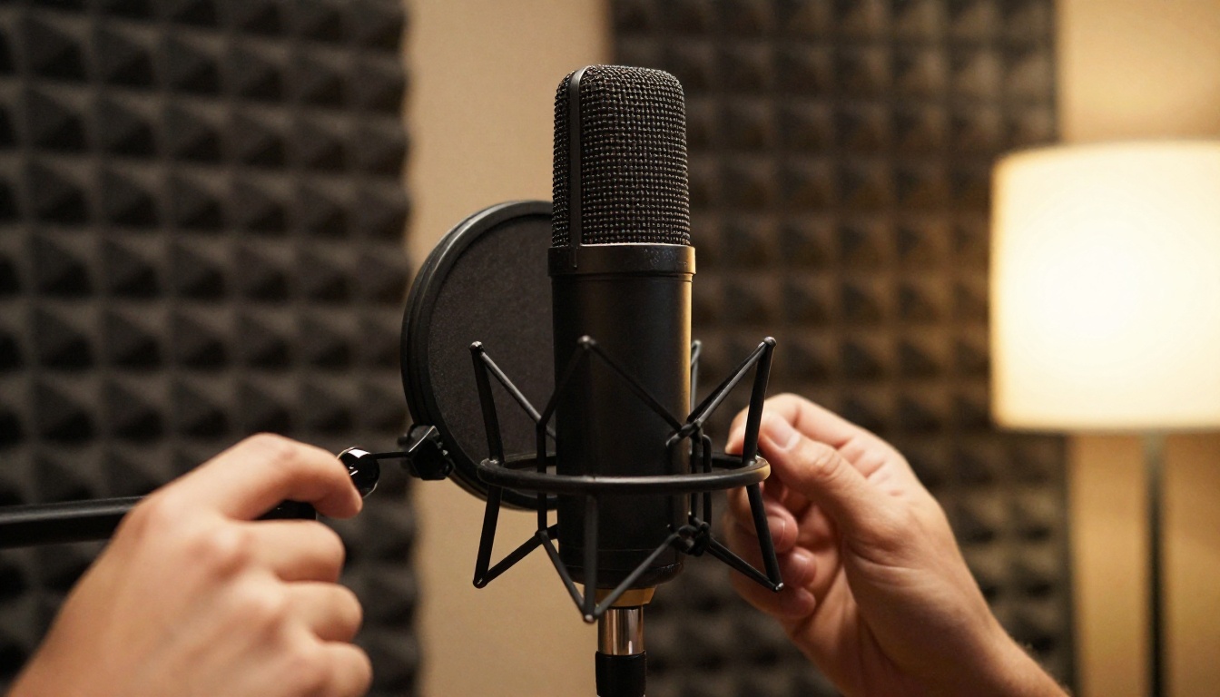 Condenser microphone with a pop filter inside a small home voiceover booth