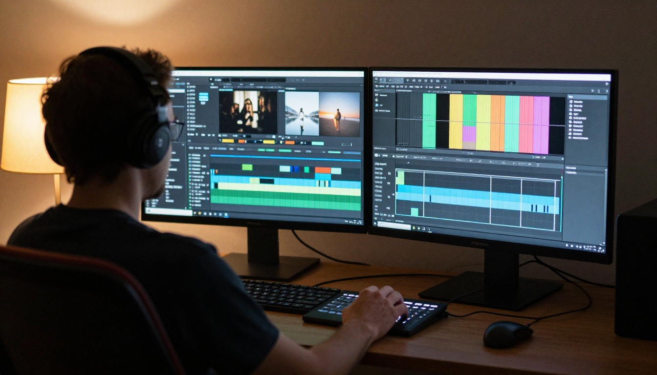 Video editor at a two-screen desk working on a multi-track timeline of short clips