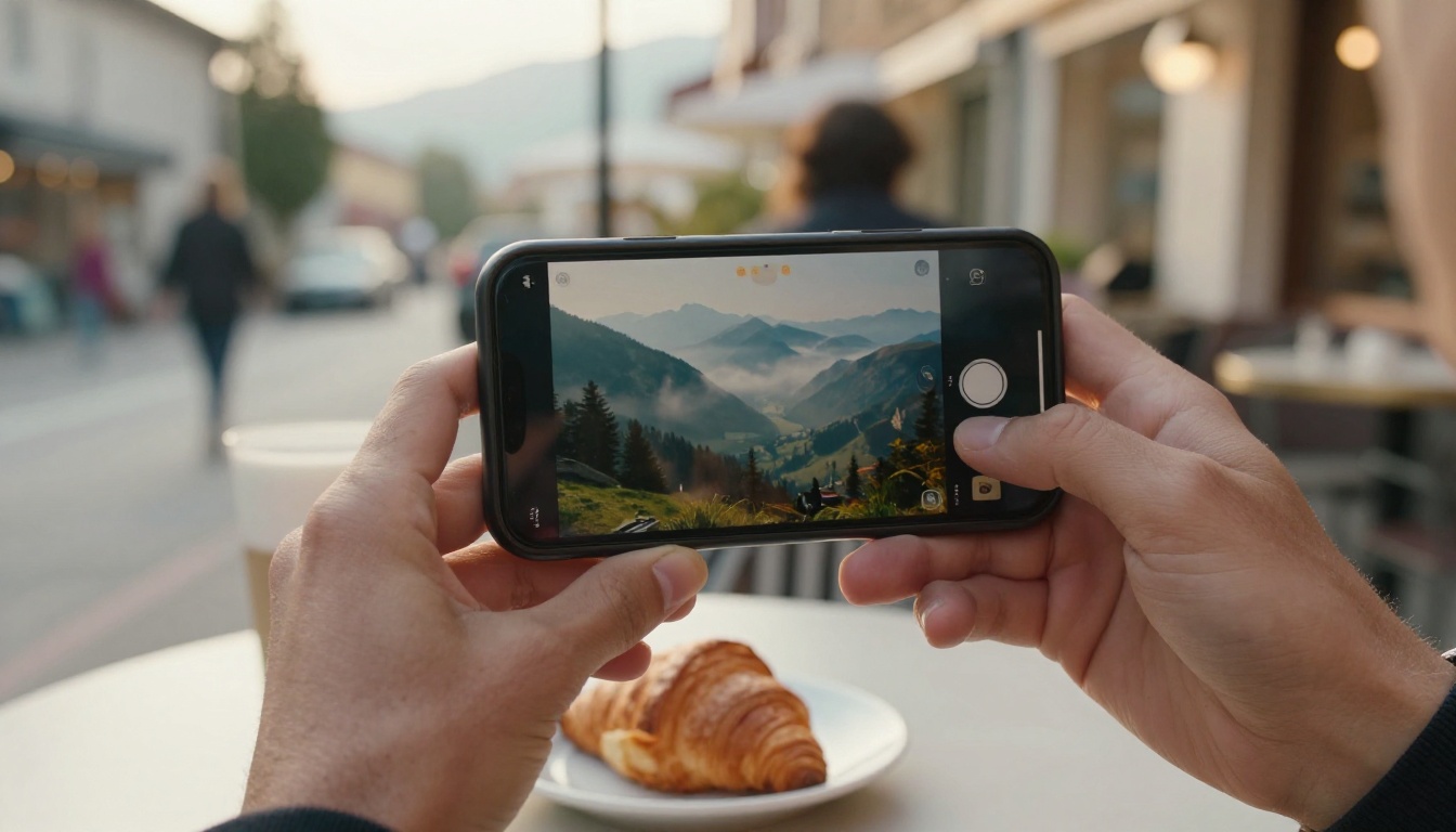 Hands holding a smartphone playing a vertical short video at a sunlit cafe table