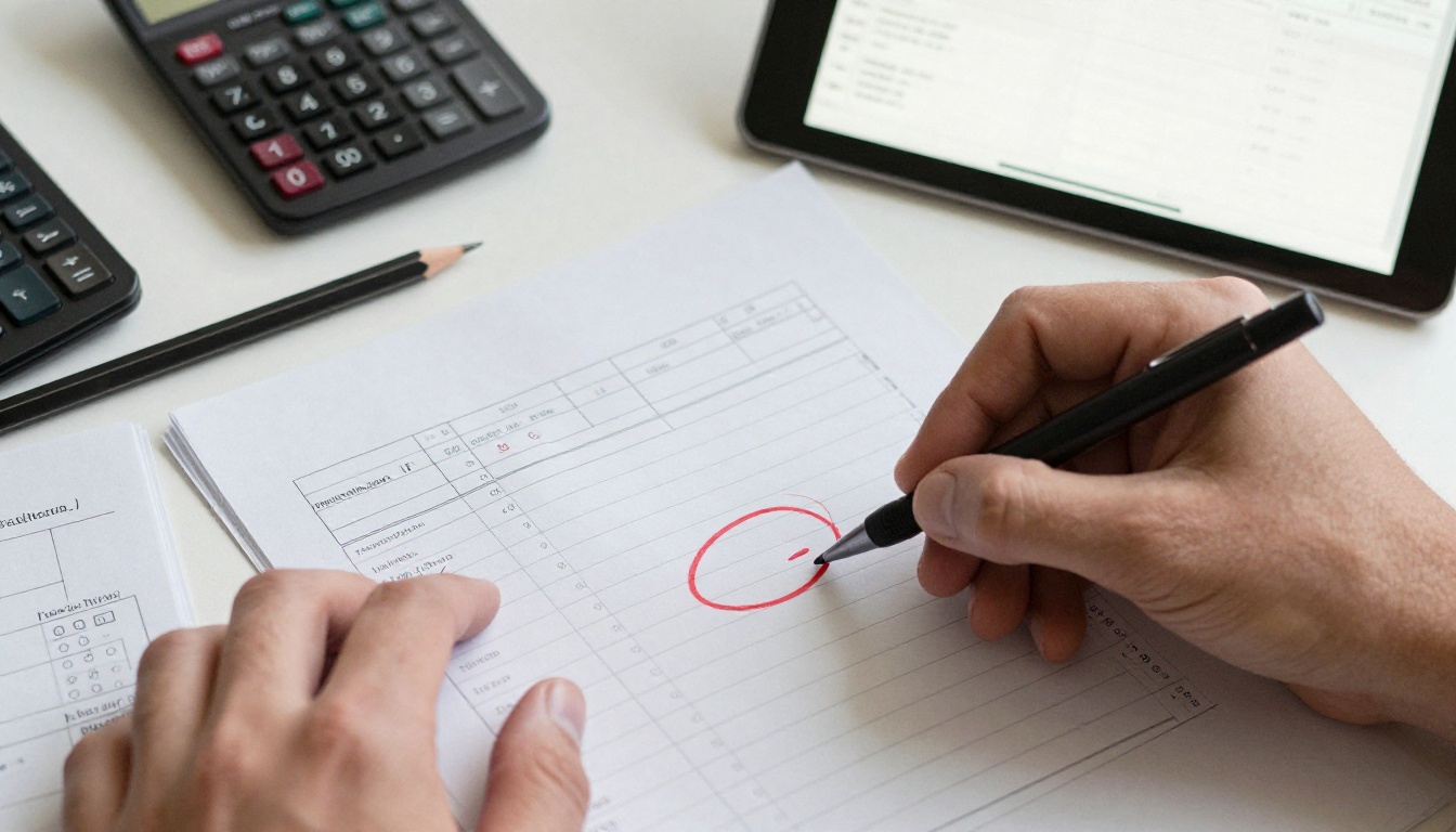 Printed run log with failed lines circled in red pen next to a calculator and invoices