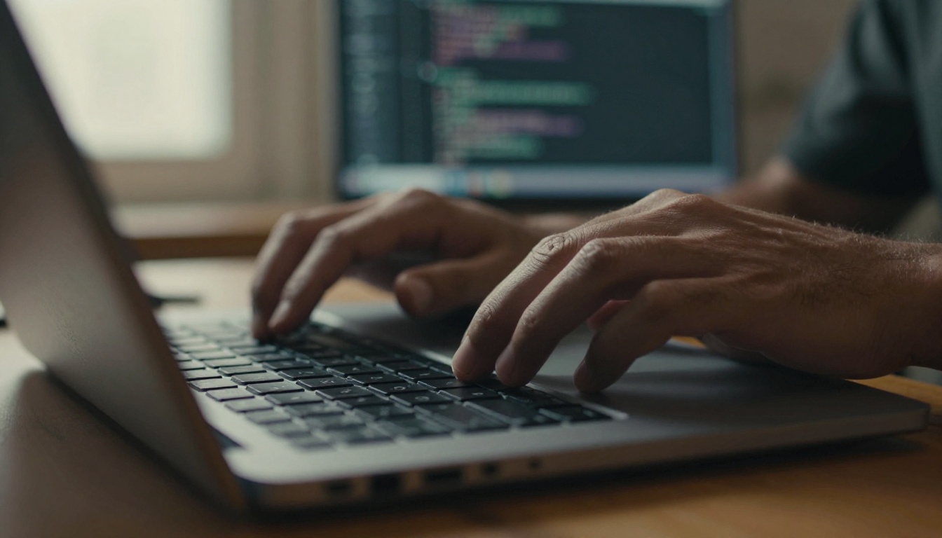 Developer hands typing at a desk with a code editor softly blurred behind