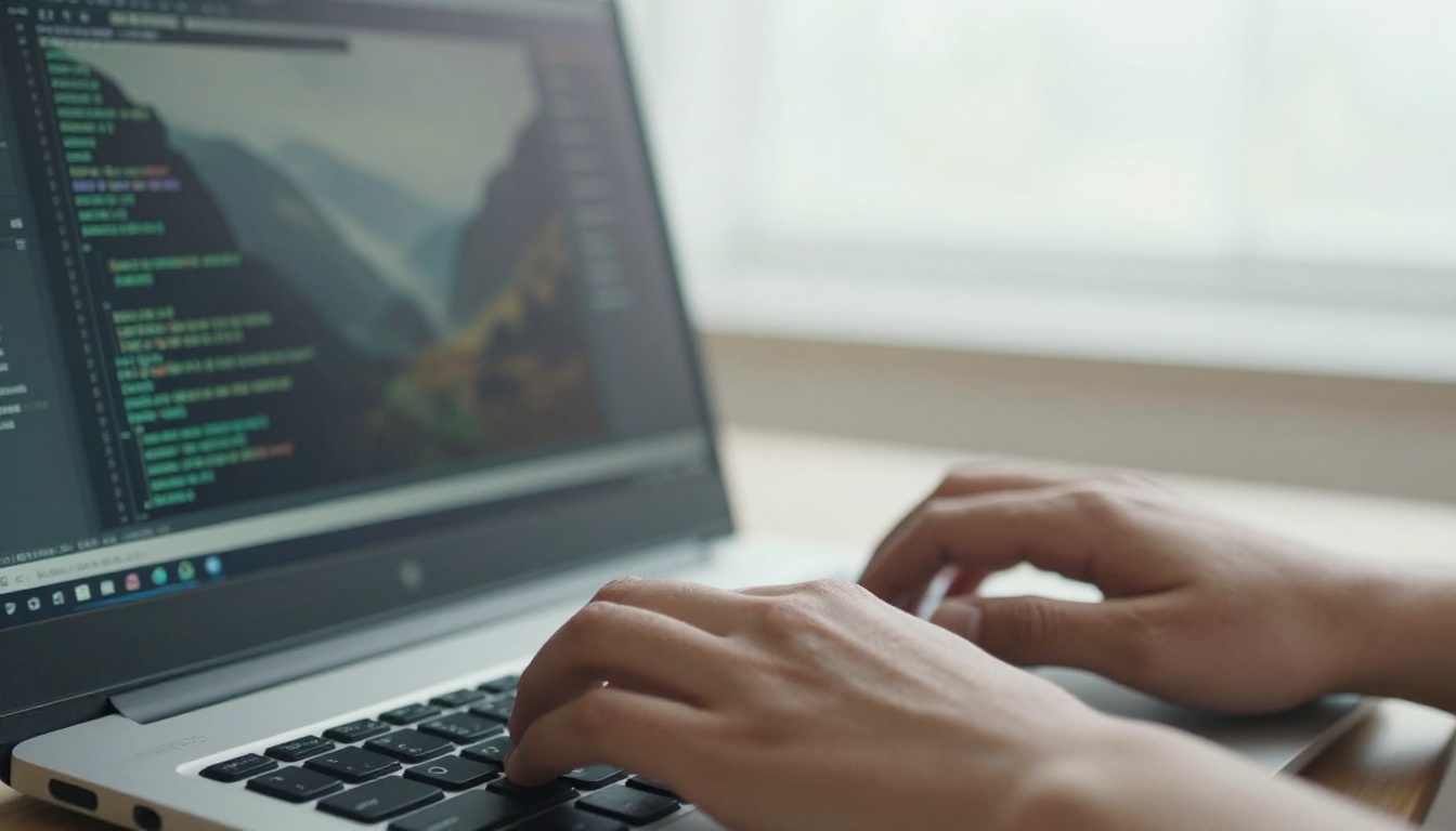 Developer hands typing beside a paused video frame on a wide monitor