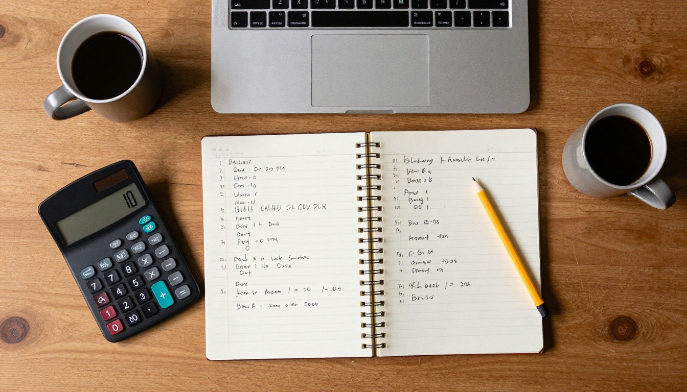 Top-down view of a calculator, notebook with price sums, and laptop spreadsheet on a wooden desk