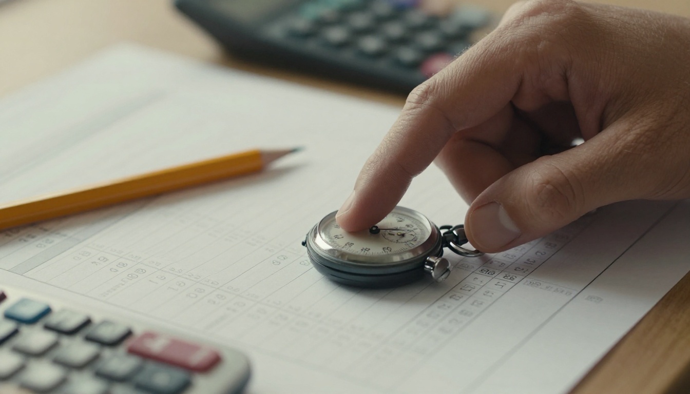 A hand pressing a steel stopwatch on top of a printed cost spreadsheet