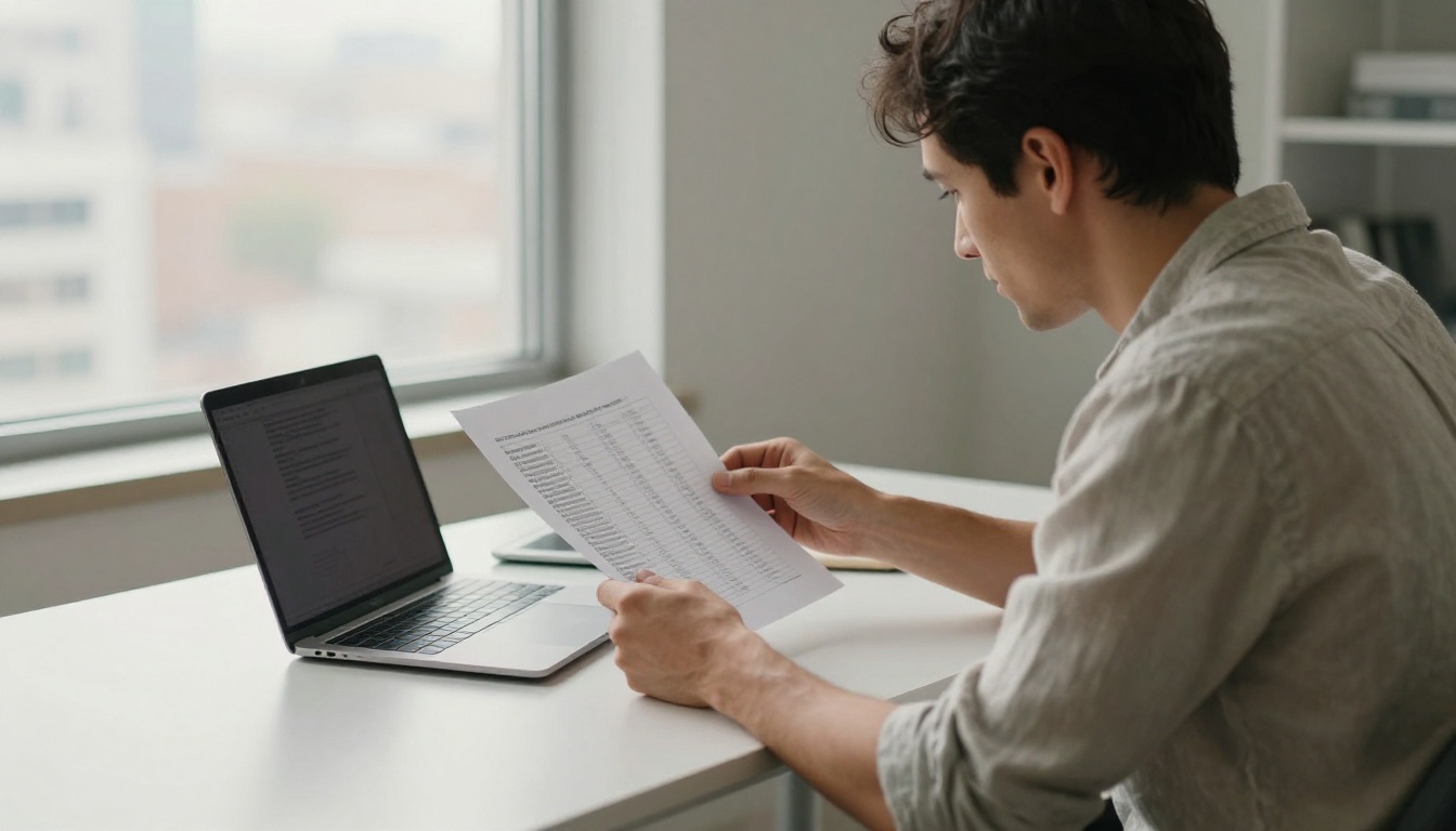 Founder at a standing desk reviewing a printed quote with columns of numbers