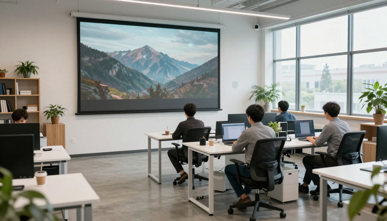 Developers reviewing a generated video frame on a large wall monitor in a bright office