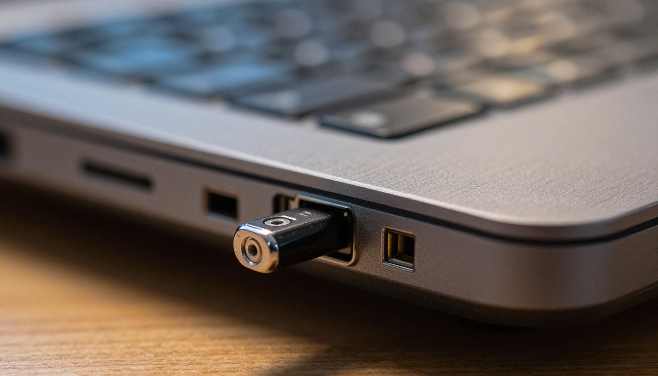 Hardware security token plugged into the side port of a laptop