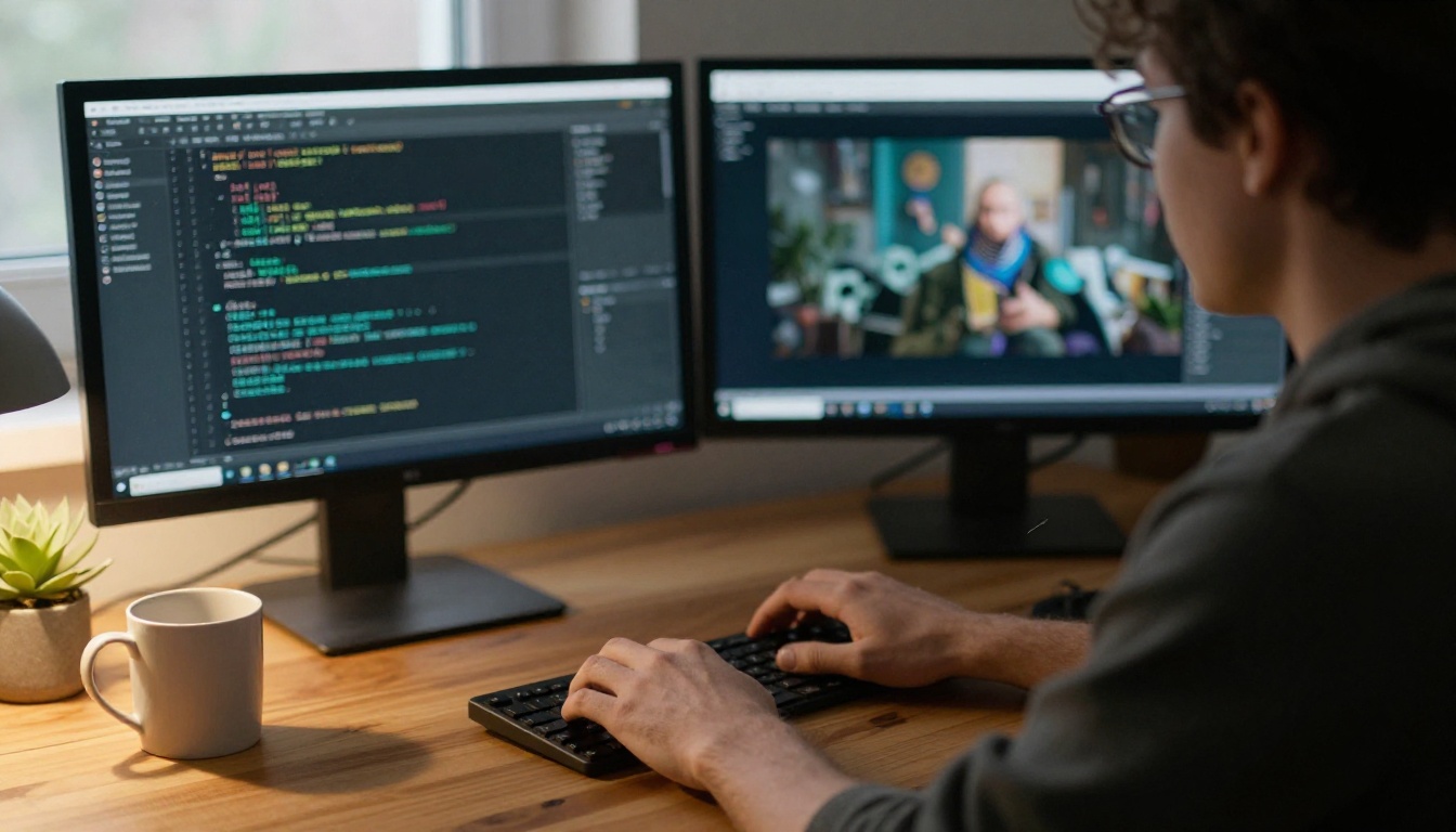 Software developer working at a dual monitor desk with a paused video preview