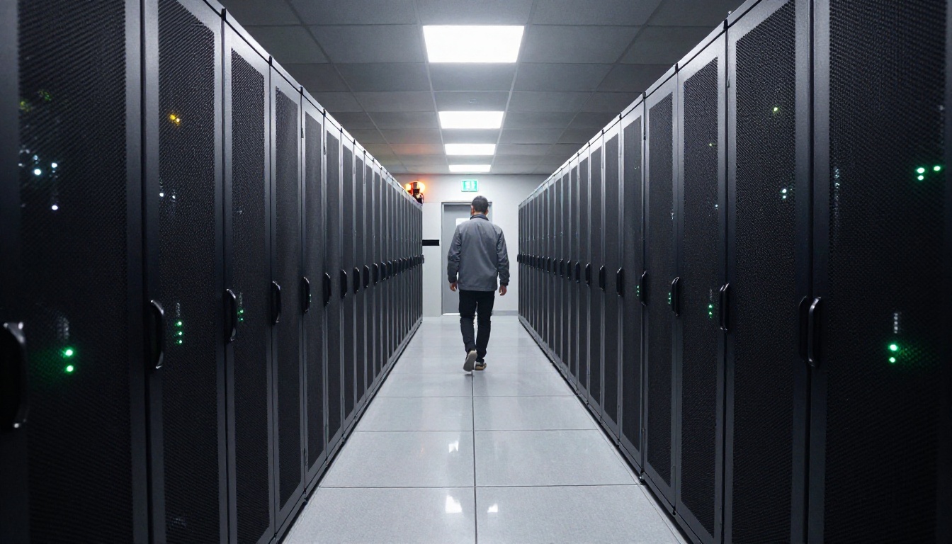 Long aisle of black server racks in a data center with a technician walking away