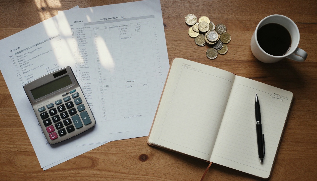 Top-down view of a desk piled with receipts, a calculator and handwritten columns of numbers