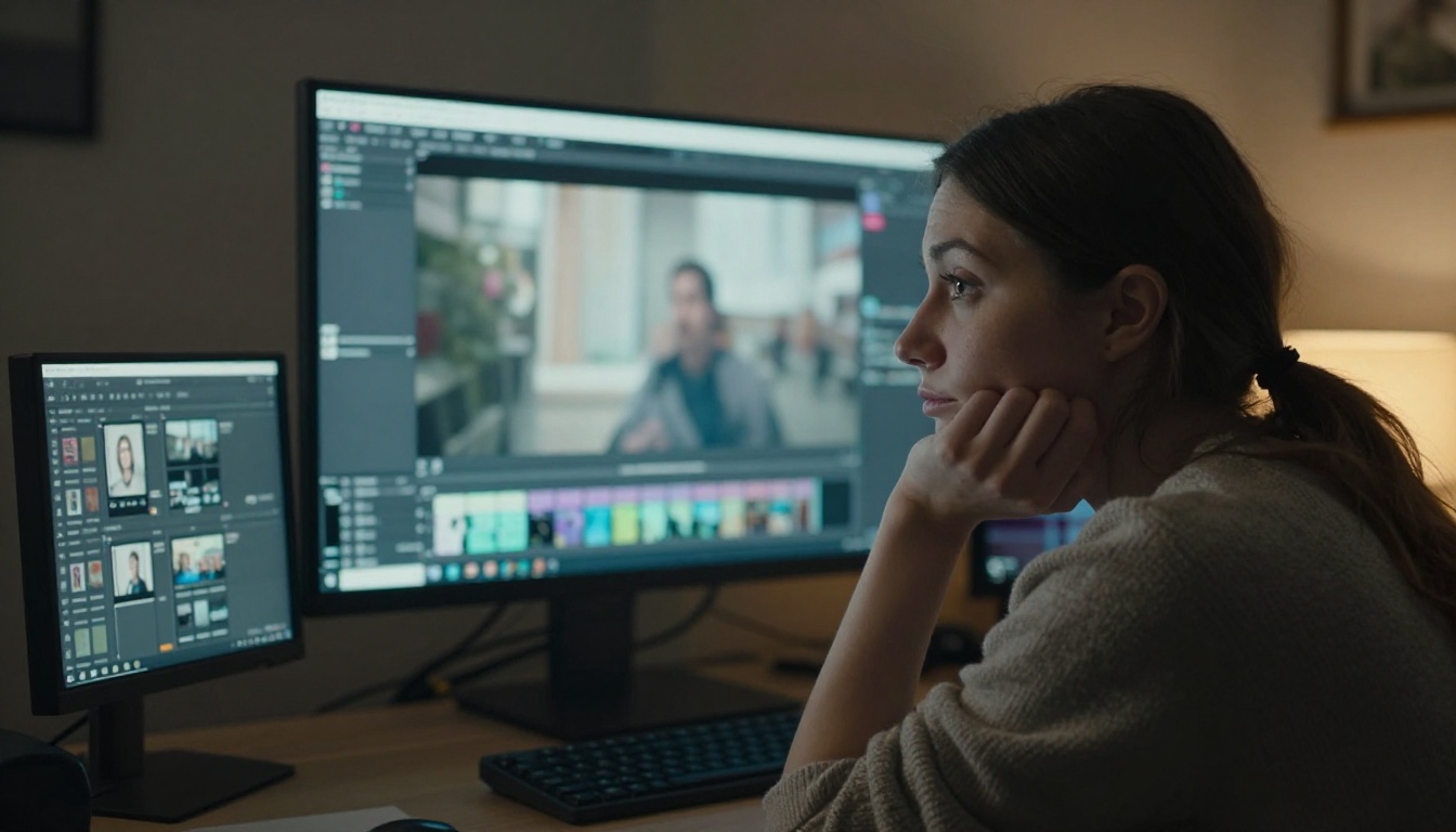 A video editor frowning at a frozen frame on a large monitor in a dim edit suite