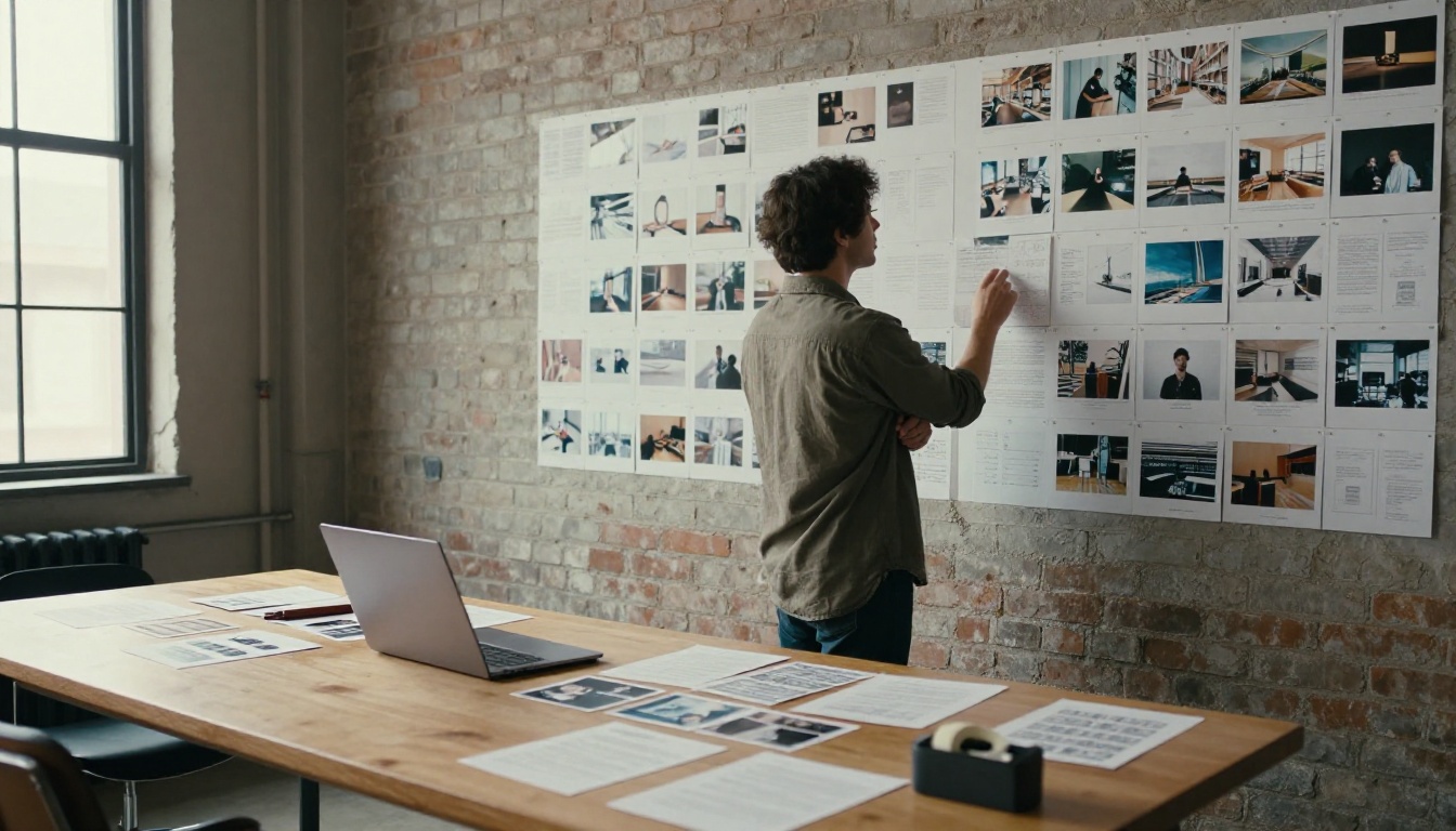 A producer studying a wall of pinned storyboard cards in a bright studio
