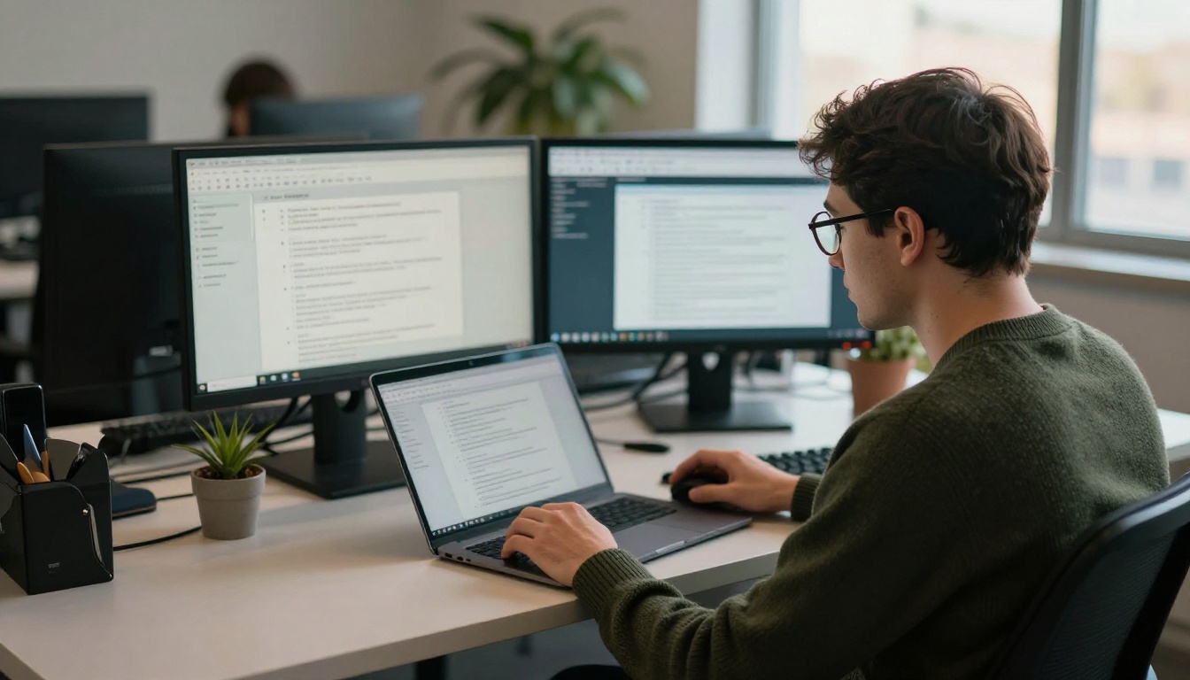 Backend engineer reading developer documentation on two monitors in an open office