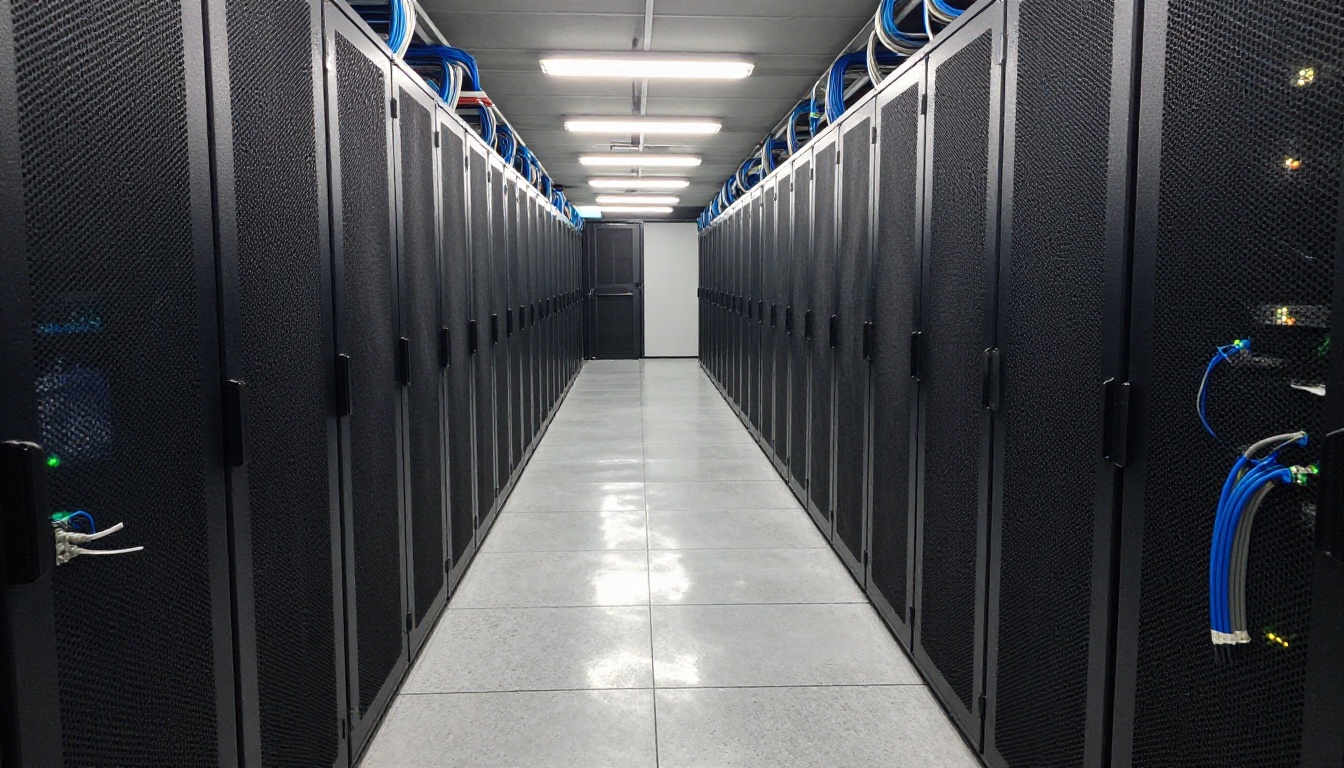 Low-angle view down an aisle of server racks in a data centre