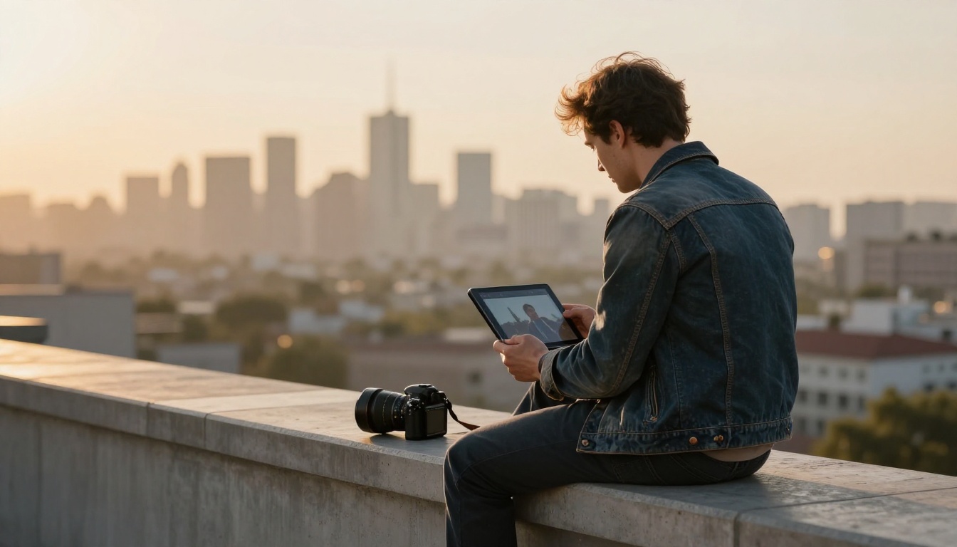 A filmmaker reviewing a short clip on a tablet on a rooftop at golden hour