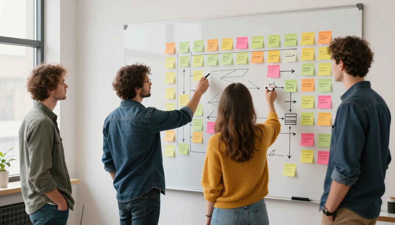 Three colleagues planning a video pipeline with sticky notes on a whiteboard