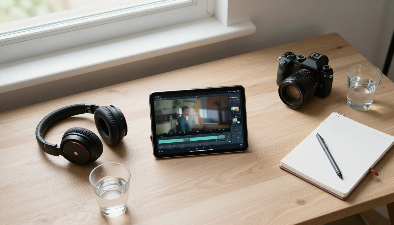 Overhead view of a creator's home studio desk with tablet timeline, camera, and headphones