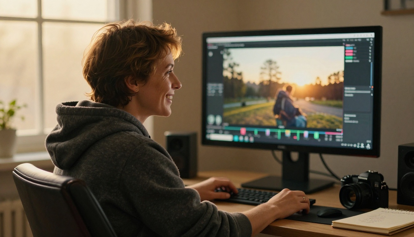 Filmmaker smiling while watching a finished video clip on a large monitor