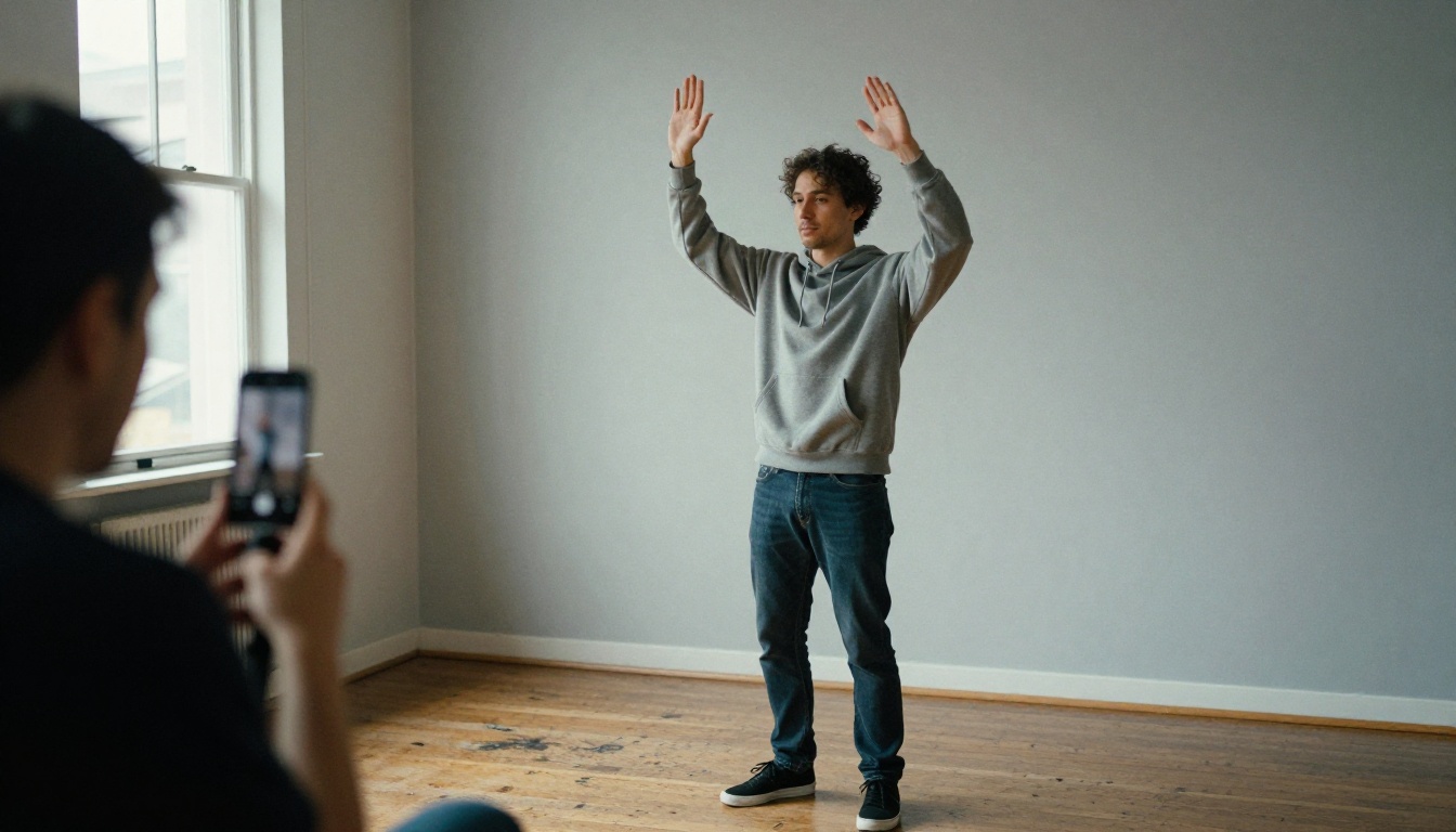 A performer filmed against a gray backdrop for a motion reference clip