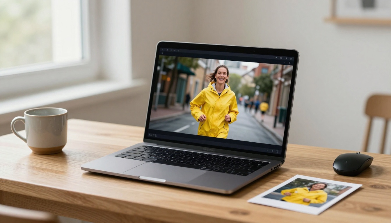 A laptop showing a still portrait next to a paused reference video of a runner