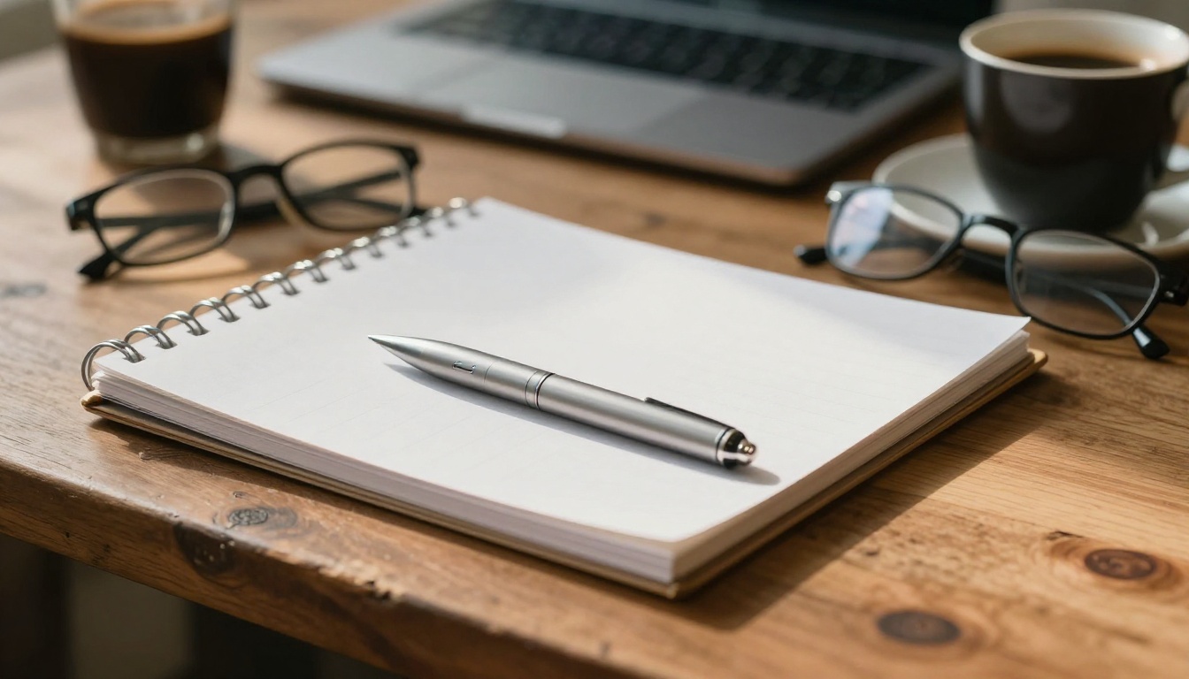 A calculator and a blank notebook on a walnut desk beside a cup of coffee