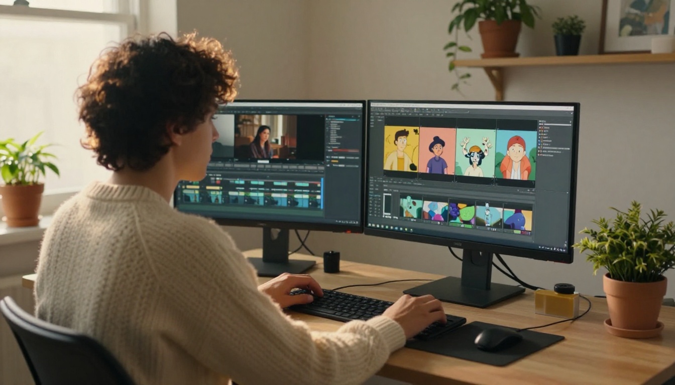 A video editor at a dual-monitor desk reviewing animation thumbnails