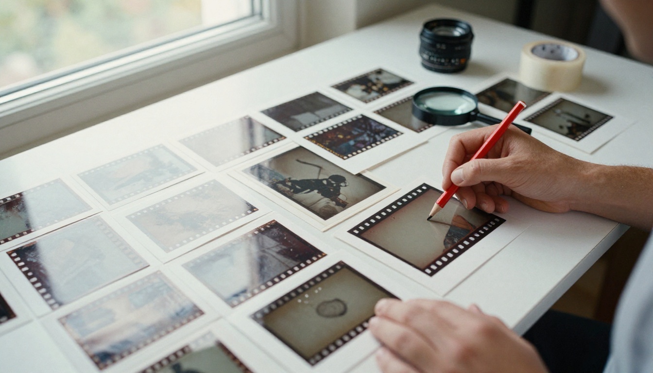Printed contact sheets fanned across a table with one frame circled in red