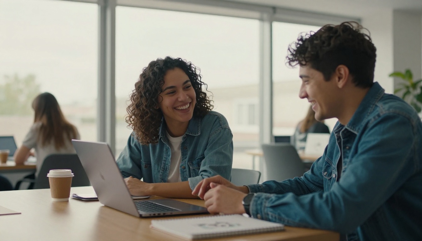Two creators laughing at a laptop in a sunlit co-working space