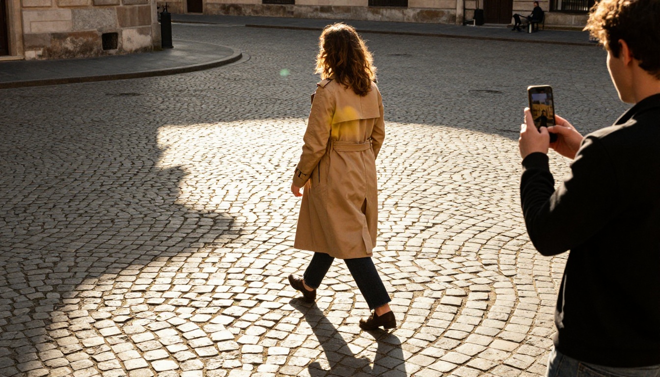 A woman in a trench coat walking across a courtyard while a friend films her on a phone