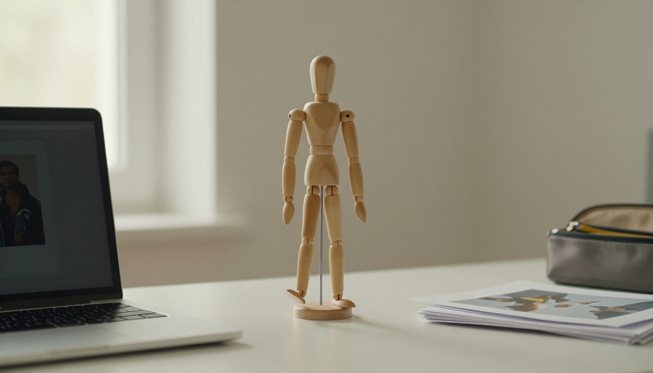A wooden artist mannequin mid-stride beside a laptop and printed photos