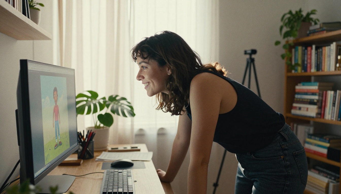 A content creator smiling at a finished character animation on a large monitor
