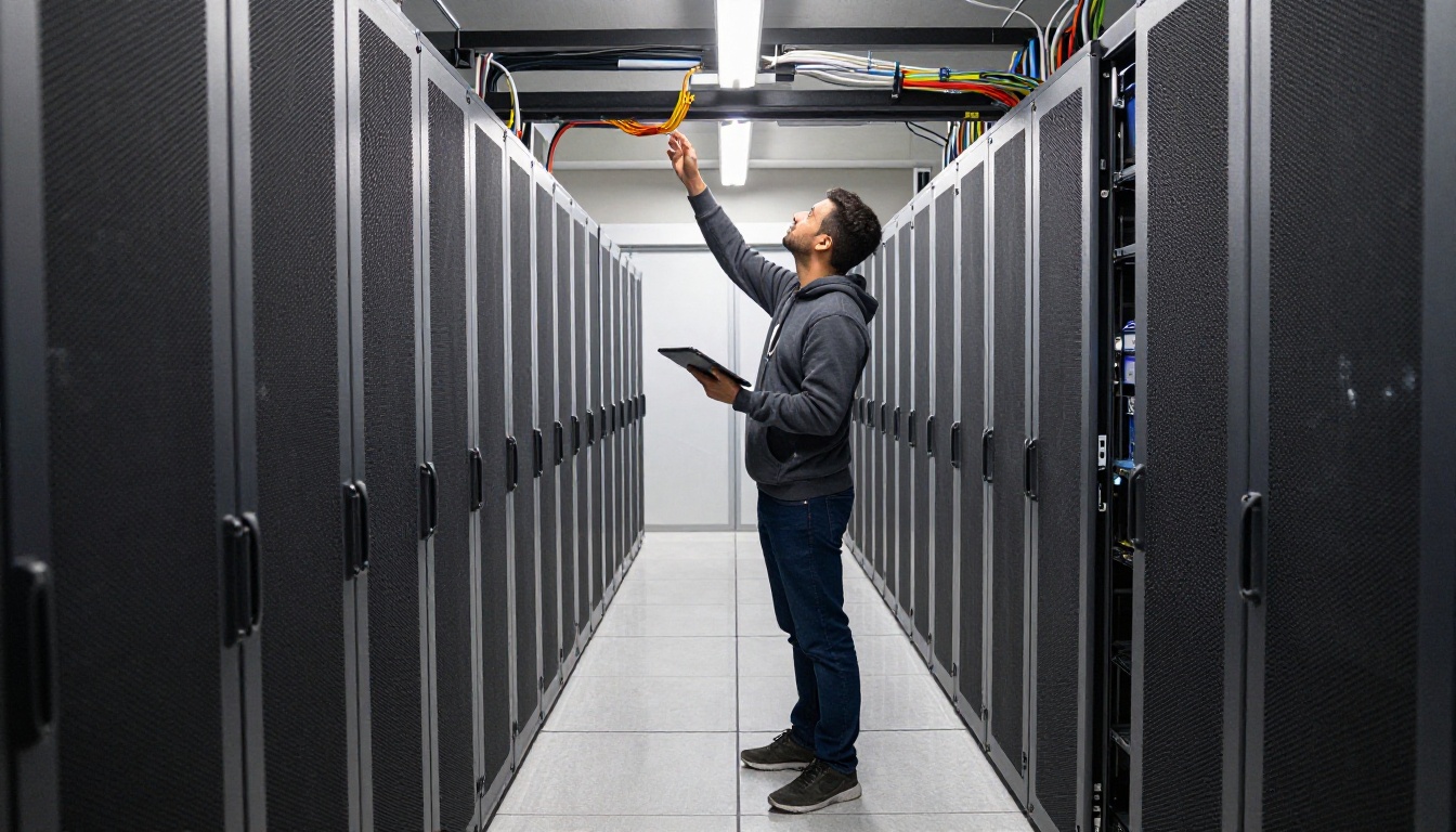 Technician holding a tablet in a long aisle of matte grey server racks lit by overhead daylight