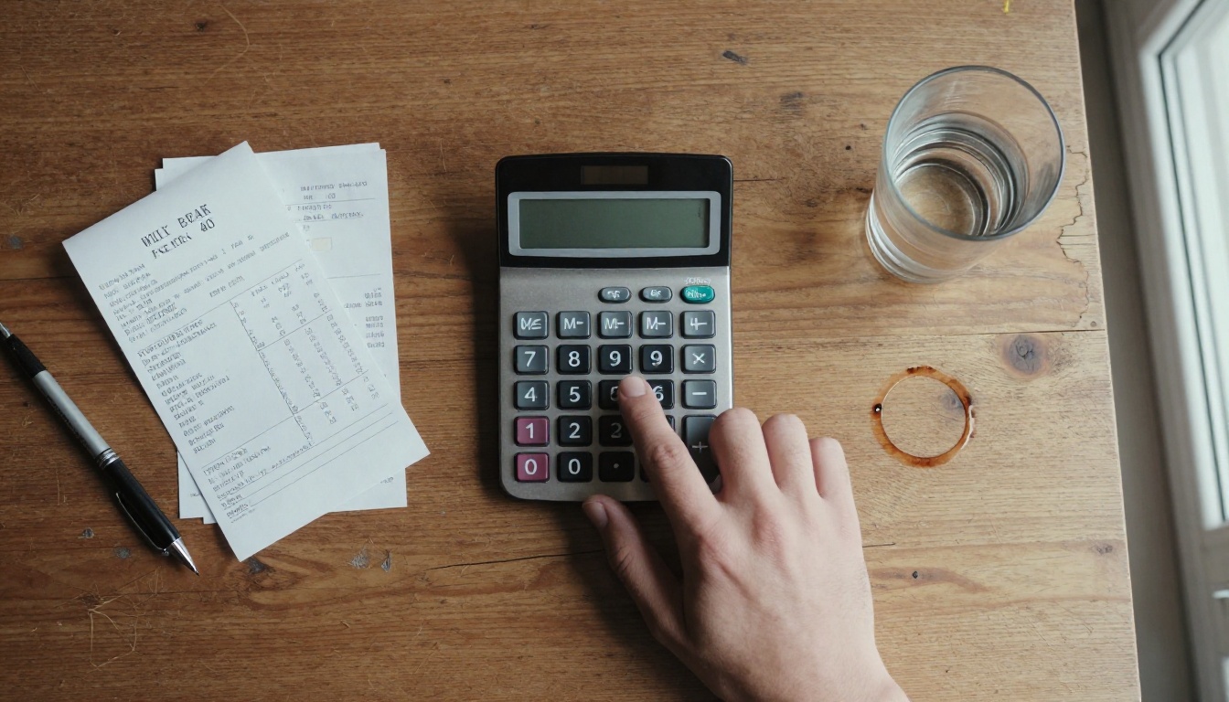Hand pressing a steel calculator beside printed receipts and an invoice on a walnut desk