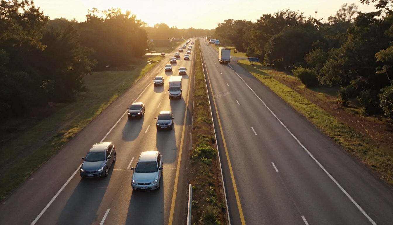 Aerial view of a multi-lane highway at golden hour with cars travelling in parallel lanes