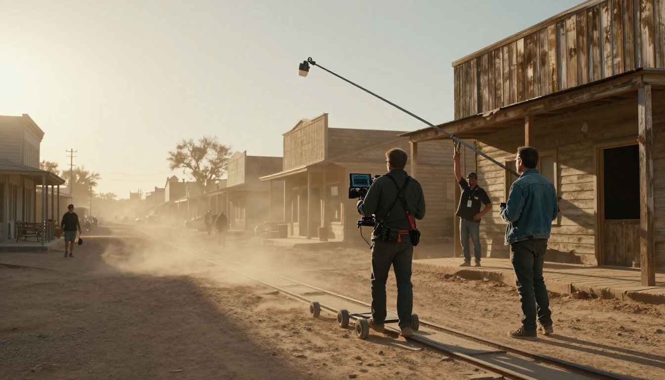 Film crew guiding a cinema camera on a dolly track along a dusty desert-town street at golden hour