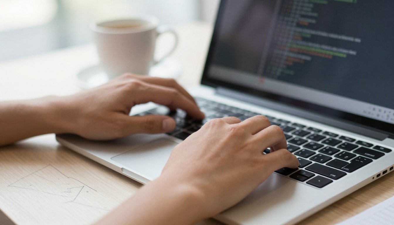 Close-up of a developer's hands typing on a laptop beside a notebook with a hand-drawn diagram