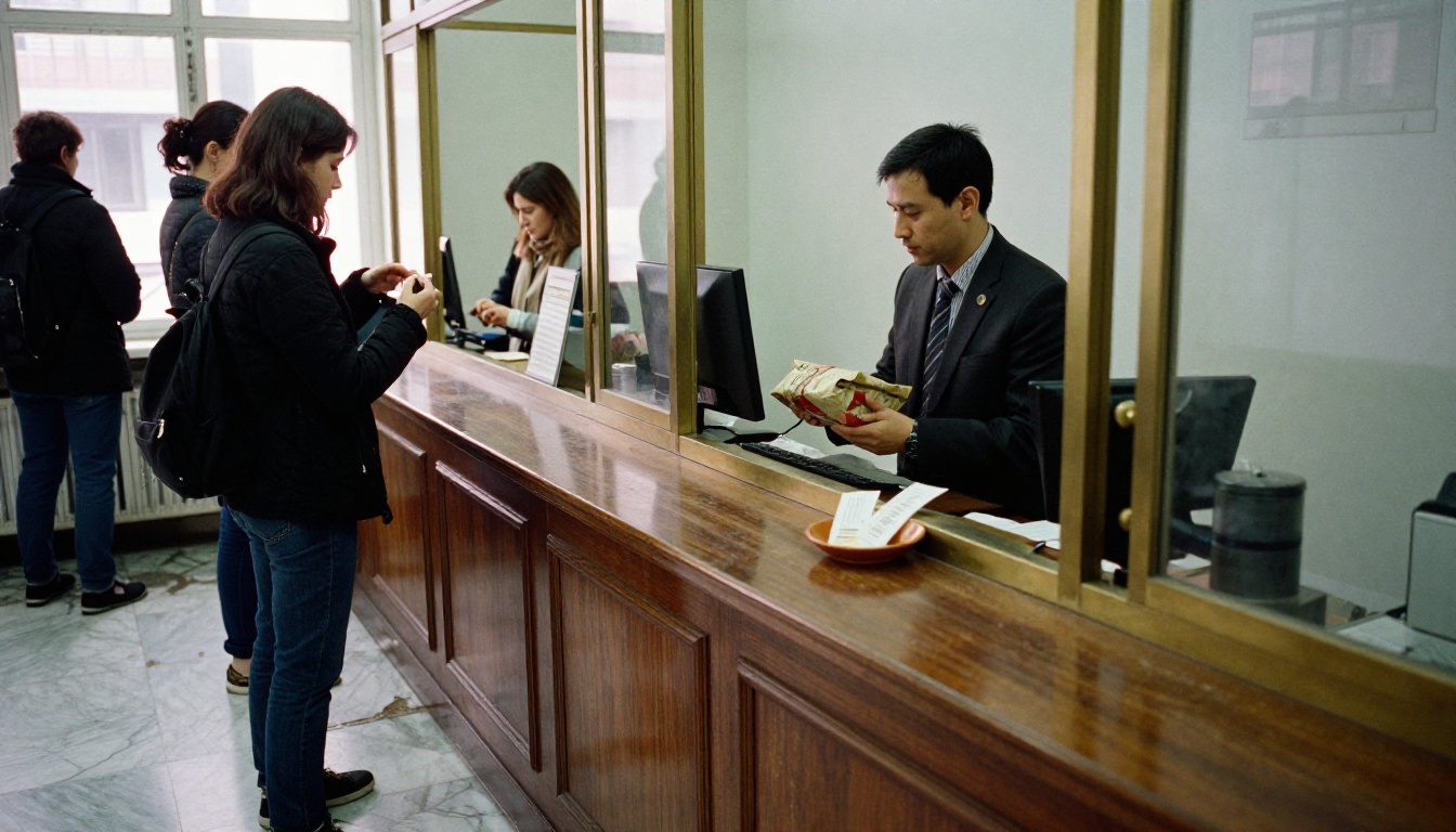 People waiting in a single orderly queue at a post office counter window