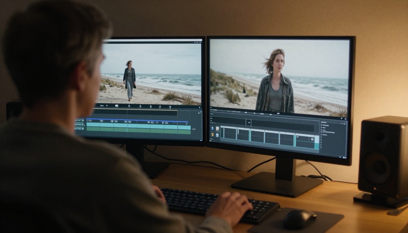 Video editor at a dual-monitor workstation reviewing a paused frame of a woman on a windswept beach
