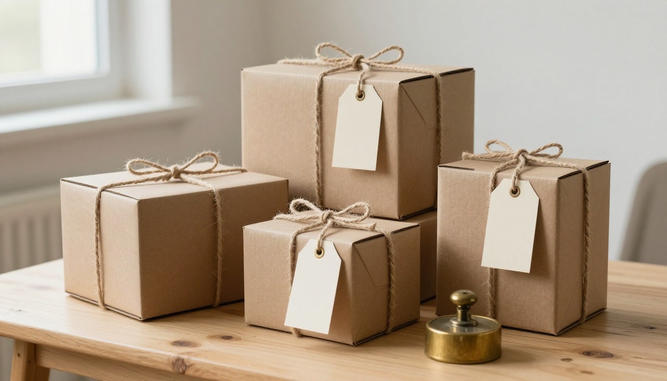 Three kraft-paper boxes in small, medium and large sizes stacked on a pale wooden table