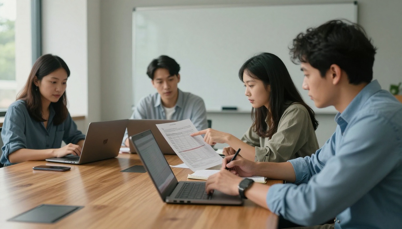 Four colleagues around a wooden table reviewing a printed budget sheet in a glass-walled meeting room