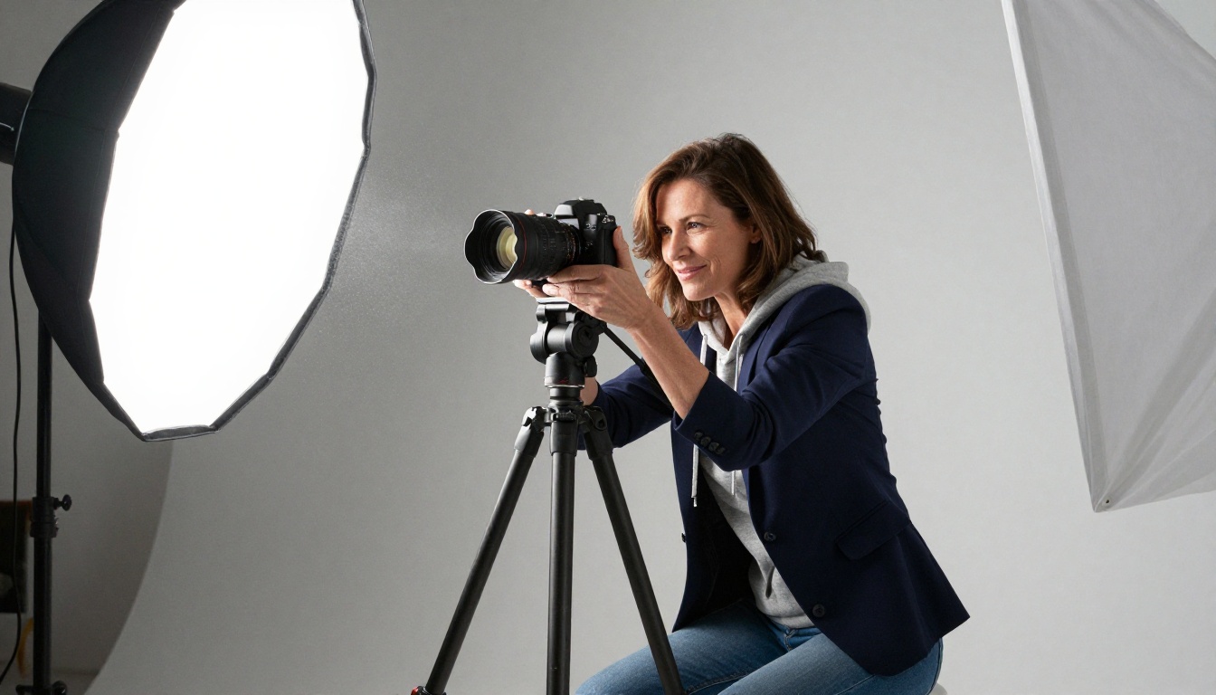 A photographer lighting a studio portrait of a smiling woman in a navy blazer