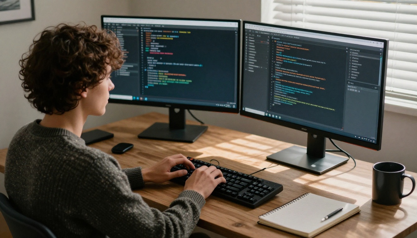 A developer typing at a standing desk with two monitors